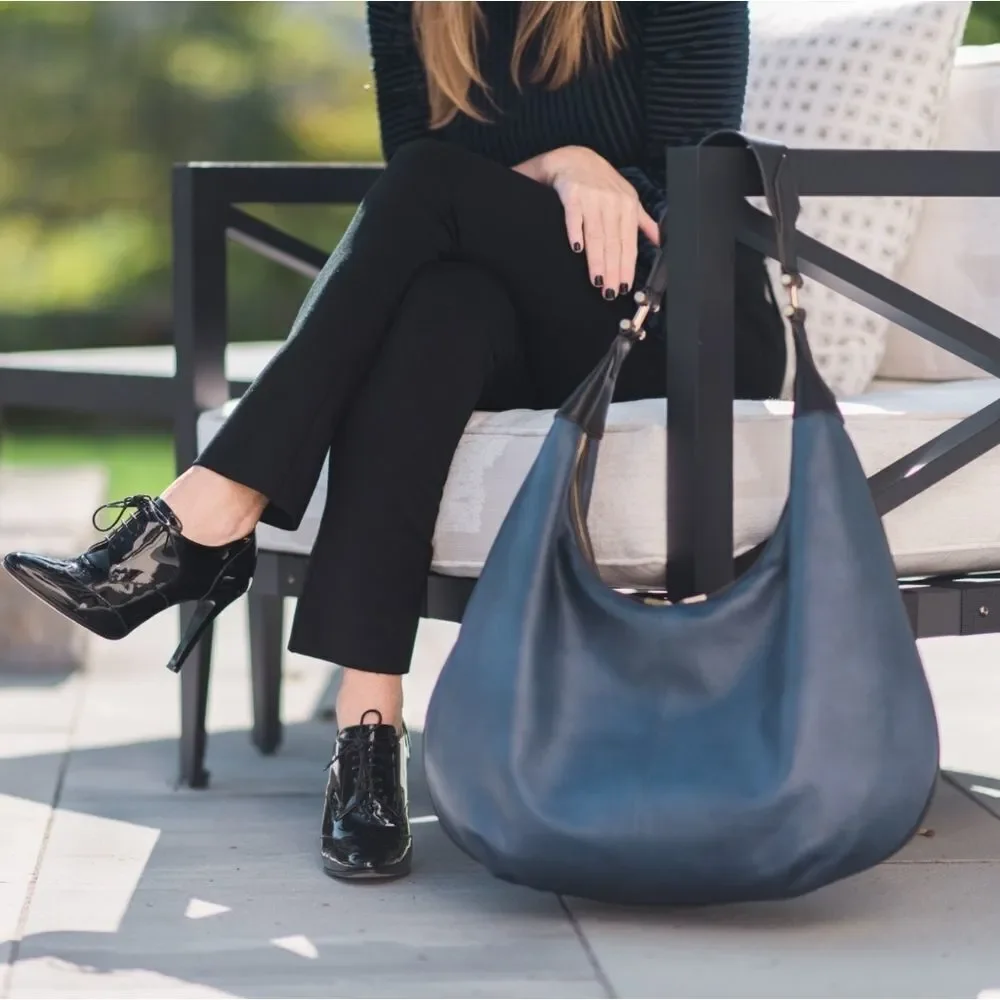INDIA HICKS Isabella Navy Leather Large Hobo Bag